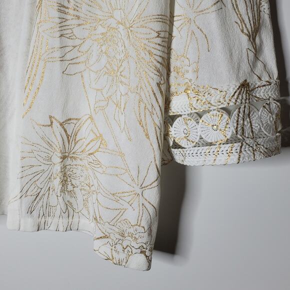 Chico's Cotton blend gold metallic floral design with 3/4 cutout sleeves - Picture 4 of 11
